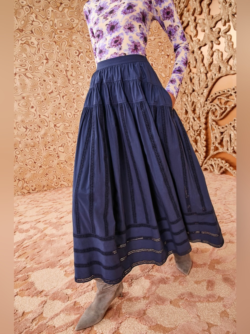 NWT Ulla Johnson Alara Cotton Midi Skirt in Midnight Blue size 10